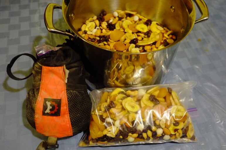 Preparing a batch of trail mix for the ride.